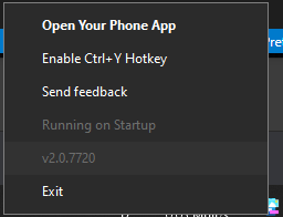 Context Menu of Your Phone Tray app