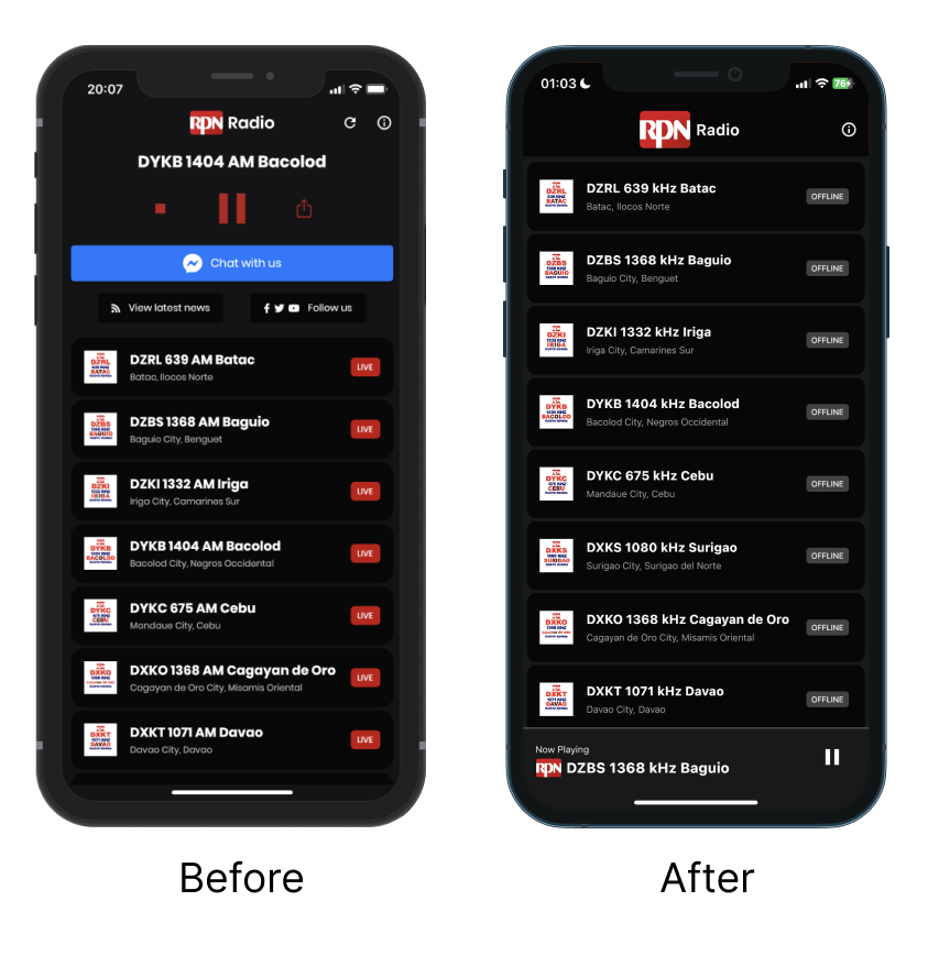 RPN Radio App UI before and after