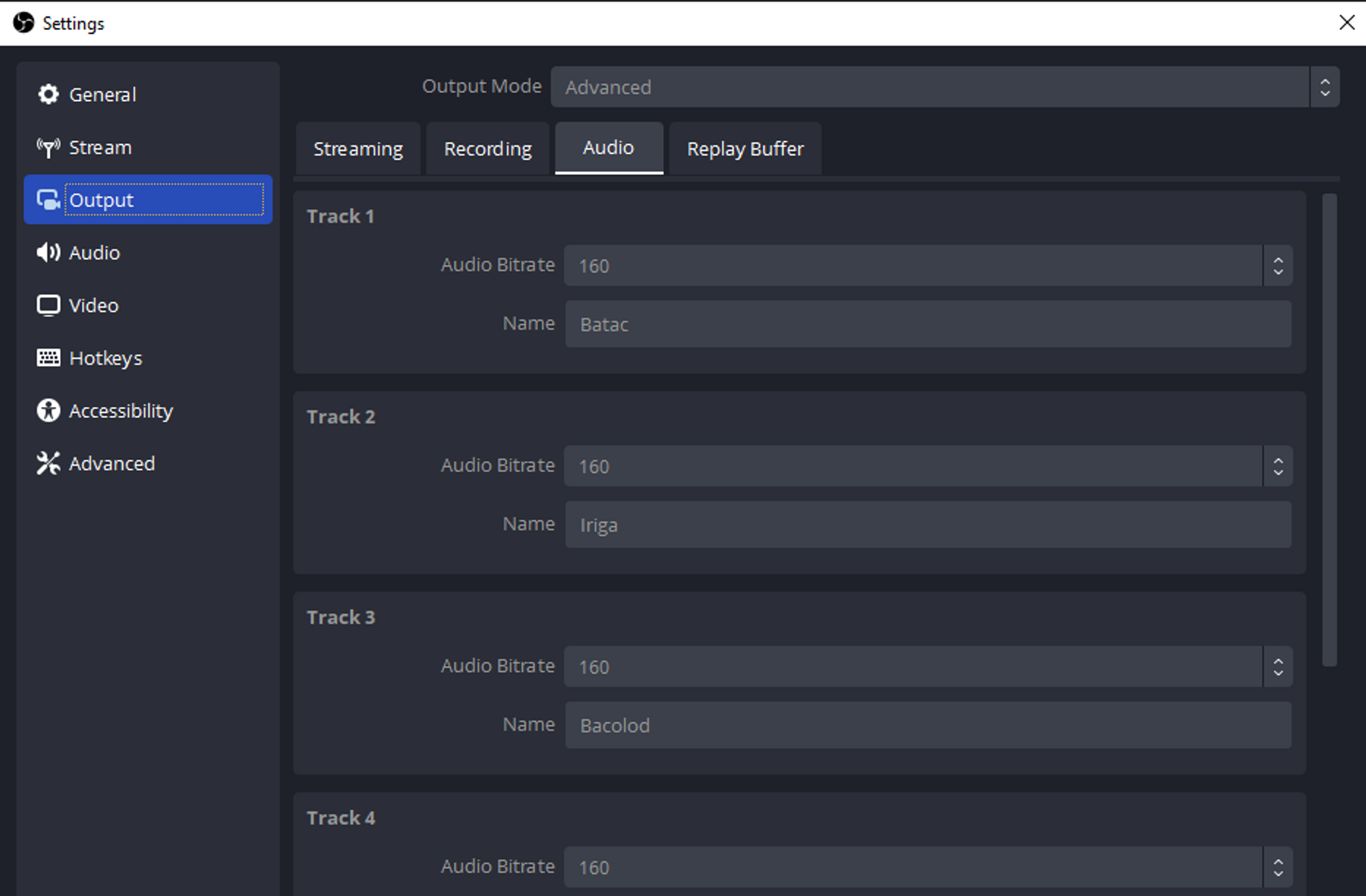 Naming Audio Tracks in Audio Settings