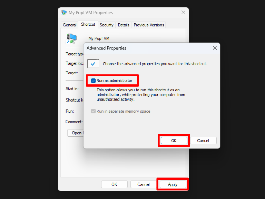 Changing Advanced properties
